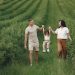 A happy family walking in a lush, green rural field together.